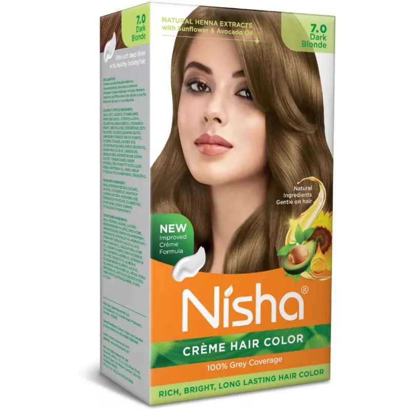 Nisha Creme Hair Color 7.0 Dark Blonde (Developer 60ml + Colorant Tube 60gm + Conditioner 6ml + Glove) (1Pack)