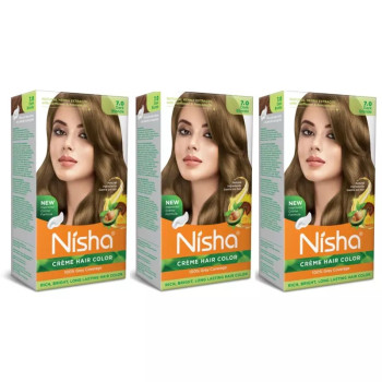 Nisha Creme Hair Color 7.0 Dark Blonde (Developer 60ml + Colorant Tube 60gm + Conditioner 6ml + Glove) (1Pack, Pack of 3)