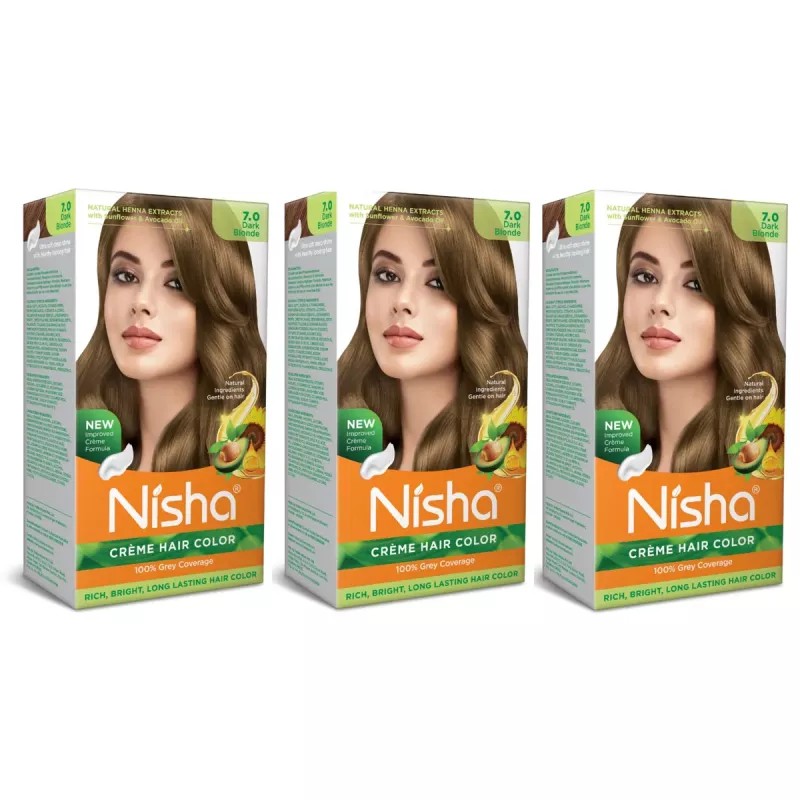 Nisha Creme Hair Color 7.0 Dark Blonde (Developer 60ml + Colorant Tube 60gm + Conditioner 6ml + Glove) (1Pack, Pack of 3)