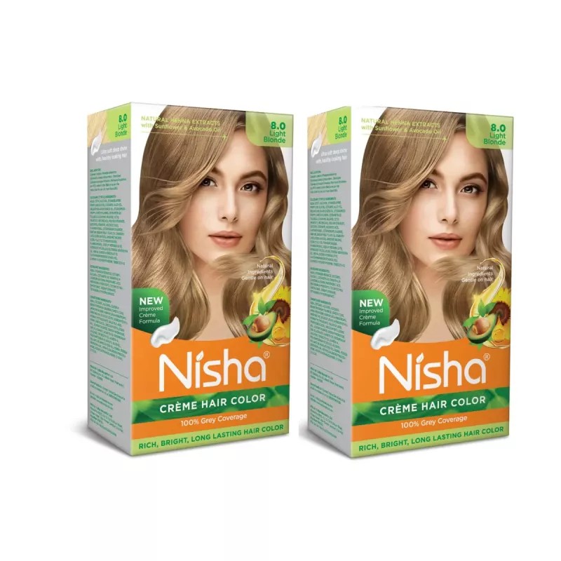 Nisha Creme Hair Color 8.0 Light Blonde (Developer 60ml + Colorant Tube 60gm + Conditioner 6ml + Glove) (1Pack, Pack of 2)