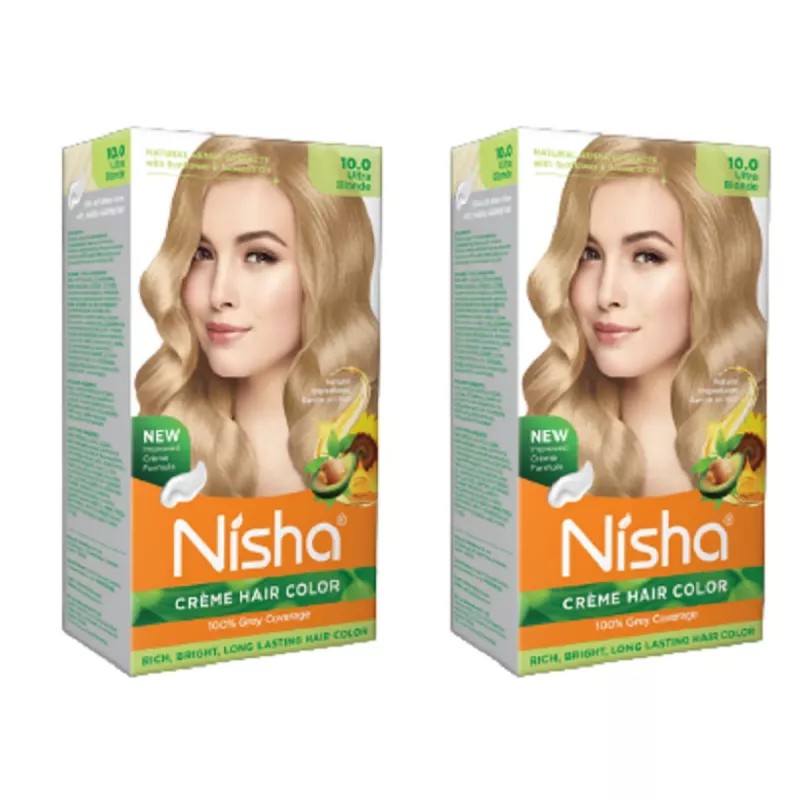 Nisha Creme Hair Color Ultra Blonde (Developer 60ml + Colorant Tube 90gm + Conditioner 6ml + Glove) (1Pack, Pack of 2)