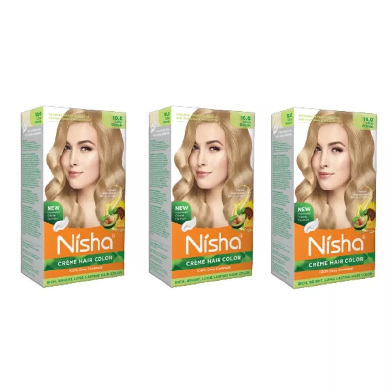 Nisha Creme Hair Color Ultra Blonde (Developer 60ml + Colorant Tube 90gm + Conditioner 6ml + Glove) (1Pack, Pack of 3)