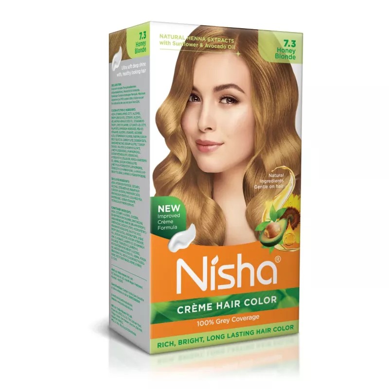 Nisha Creme Hair Color 7.3 Honey Blonde (Developer 60ml + Colorant Tube 60gm + Conditioner 6ml + Glove) (1Pack)