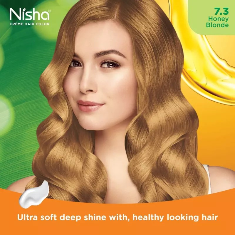 Nisha Creme Hair Color 7.3 Honey Blonde (Developer 60ml + Colorant Tube 60gm + Conditioner 6ml + Glove) (1Pack)