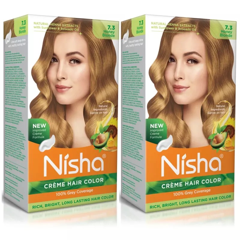 Nisha Creme Hair Color 7.3 Honey Blonde (Developer 60ml + Colorant Tube 60gm + Conditioner 6ml + Glove) (1Pack, Pack of 2)