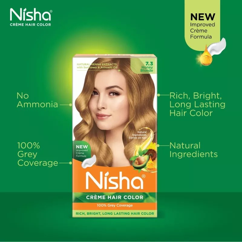 Nisha Creme Hair Color 7.3 Honey Blonde (Developer 60ml + Colorant Tube 60gm + Conditioner 6ml + Glove) (1Pack, Pack of 2)