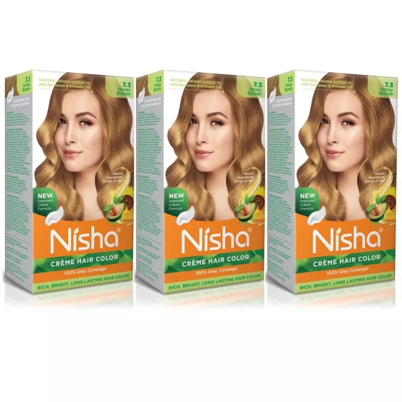 Nisha Creme Hair Color 7.3 Honey Blonde (Developer 60ml + Colorant Tube 60gm + Conditioner 6ml + Glove) (1Pack, Pack of 3)