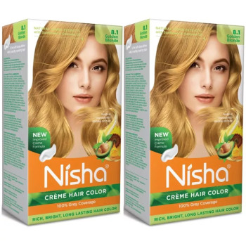 Nisha Creme Hair Color 8.1 Golden Blonde (Developer 60ml + Colorant Tube 60gm + Conditioner 6ml + Glove) (1Pack, Pack of 2)