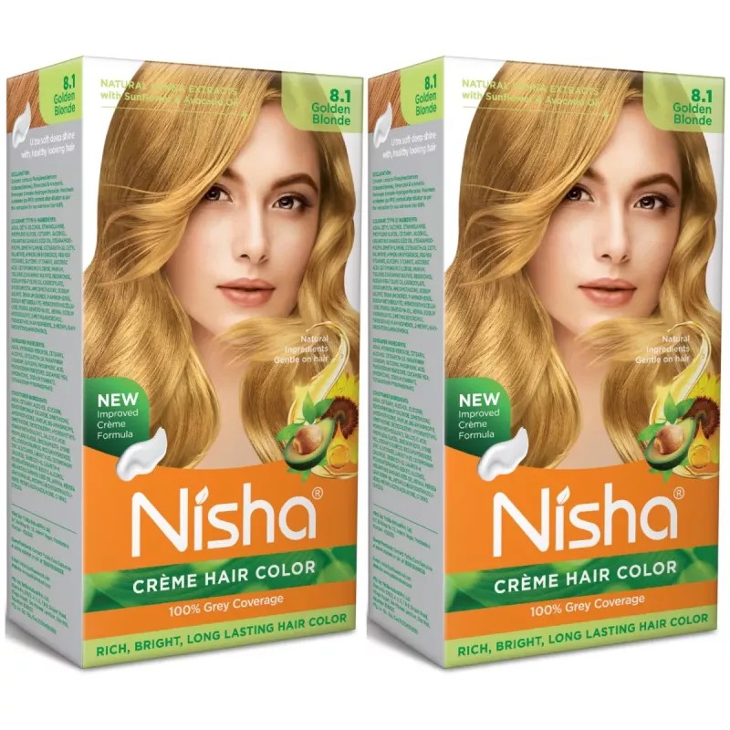 Nisha Creme Hair Color 8.1 Golden Blonde (Developer 60ml + Colorant Tube 60gm + Conditioner 6ml + Glove) (1Pack, Pack of 2)