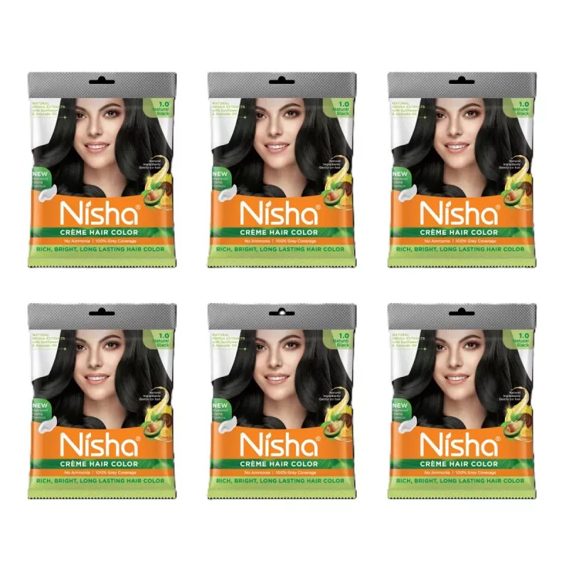 Nisha Creme Hair Color 1.0 Natural Black (40g, Pack of 6)