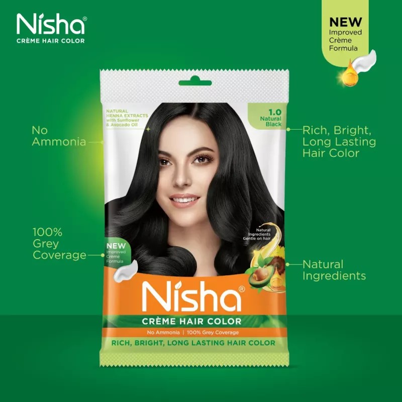 Nisha Creme Hair Color 1.0 Natural Black (40g, Pack of 6)