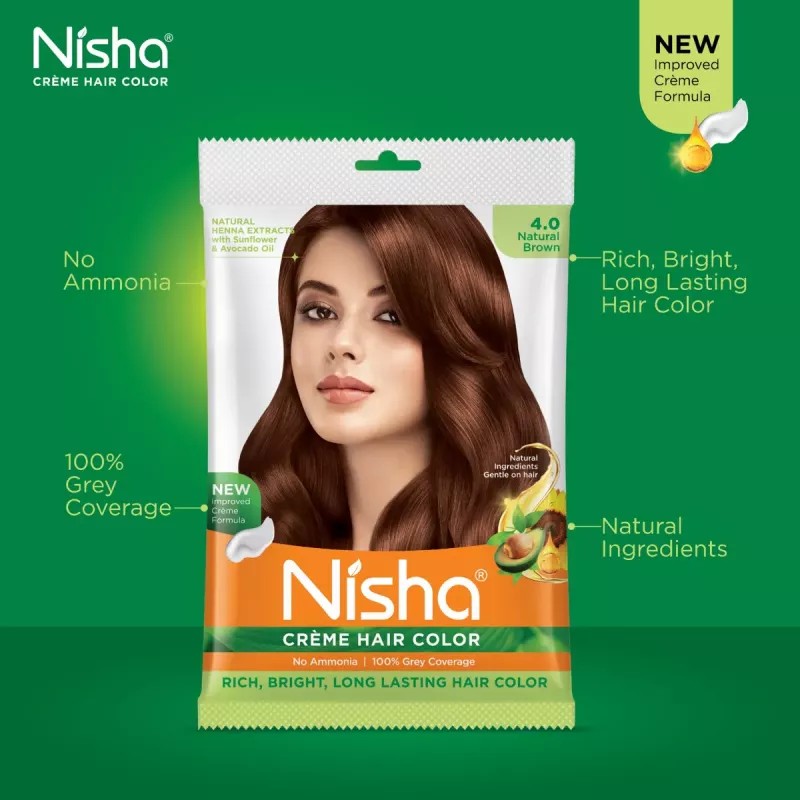 Nisha Creme Hair Color 4.0 Natural Brown (40g, Pack of 6)