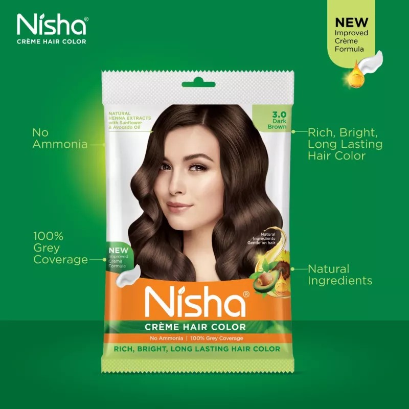 Nisha Creme Hair Color 3.0 Dark Brown (40g, Pack of 6)