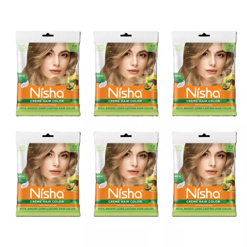 Nisha Creme Hair Color 8.0 Light Blonde (Pouch Pack) (Colorant 20g + Developer 20ml) (40g, Pack of 6)
