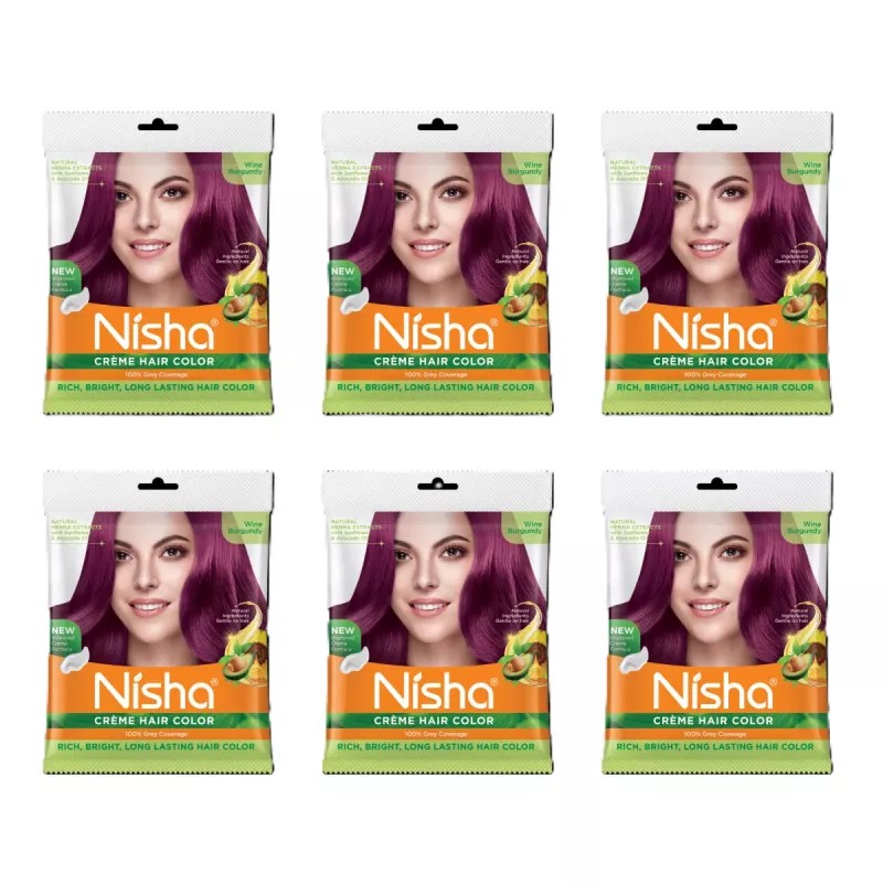 Nisha Creme Hair Color Wine Burgundy (50g, Pack of 6)