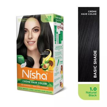 Nisha Creme Hair Color 1.0 Natural Black Combo (Developer 60ml, Colorant Tube 60gm, Conditioner 6ml (Box) + 40gm Pouch) (1Pack)