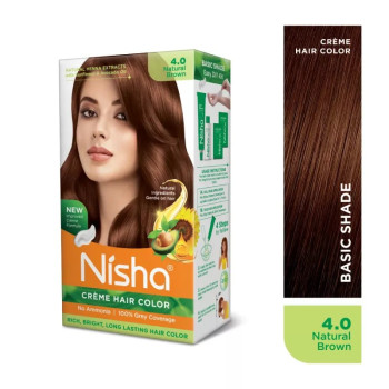 Nisha Creme Hair Color 4.0 Natural Brown Combo (Developer 60ml, Colorant Tube 60gm, Conditioner 6ml Box + 40gm Pouch) (1Pack)