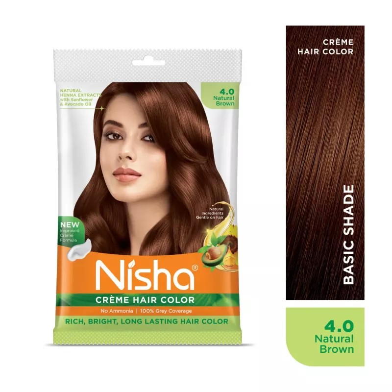 Nisha Creme Hair Color 4.0 Natural Brown Combo (Developer 60ml, Colorant Tube 60gm, Conditioner 6ml Box + 40gm Pouch) (1Pack)