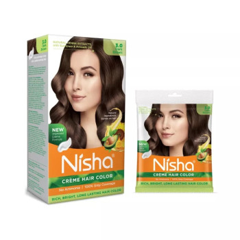 Nisha Creme Hair Color 3.0 Dark Brown Combo (Developer 60ml, Colorant Tube 60gm, Conditioner 6ml (Box) + 40gm Pouch) (1Pack)