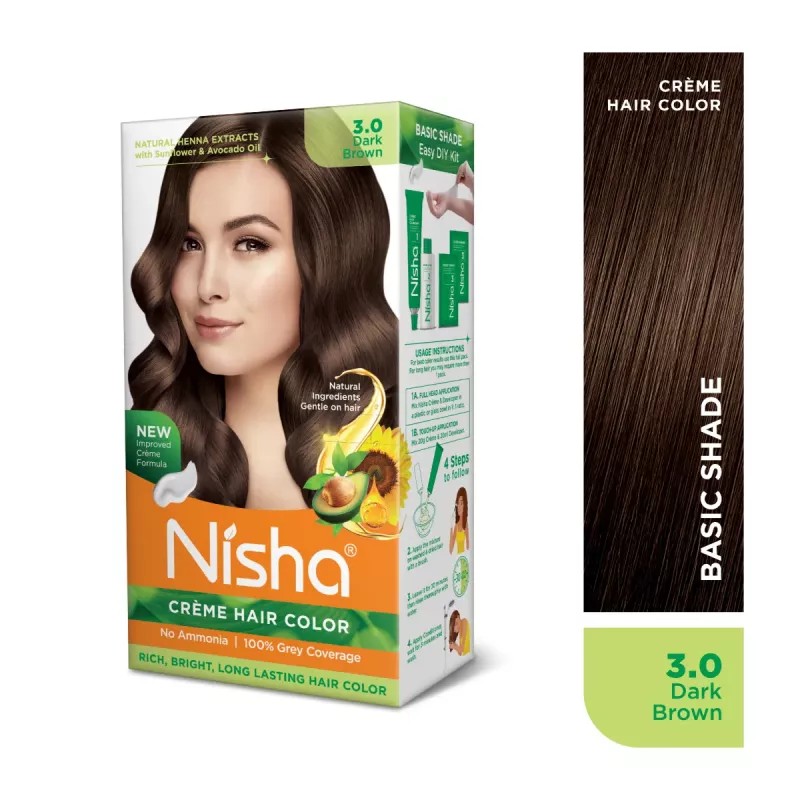 Nisha Creme Hair Color 3.0 Dark Brown Combo (Developer 60ml, Colorant Tube 60gm, Conditioner 6ml (Box) + 40gm Pouch) (1Pack)