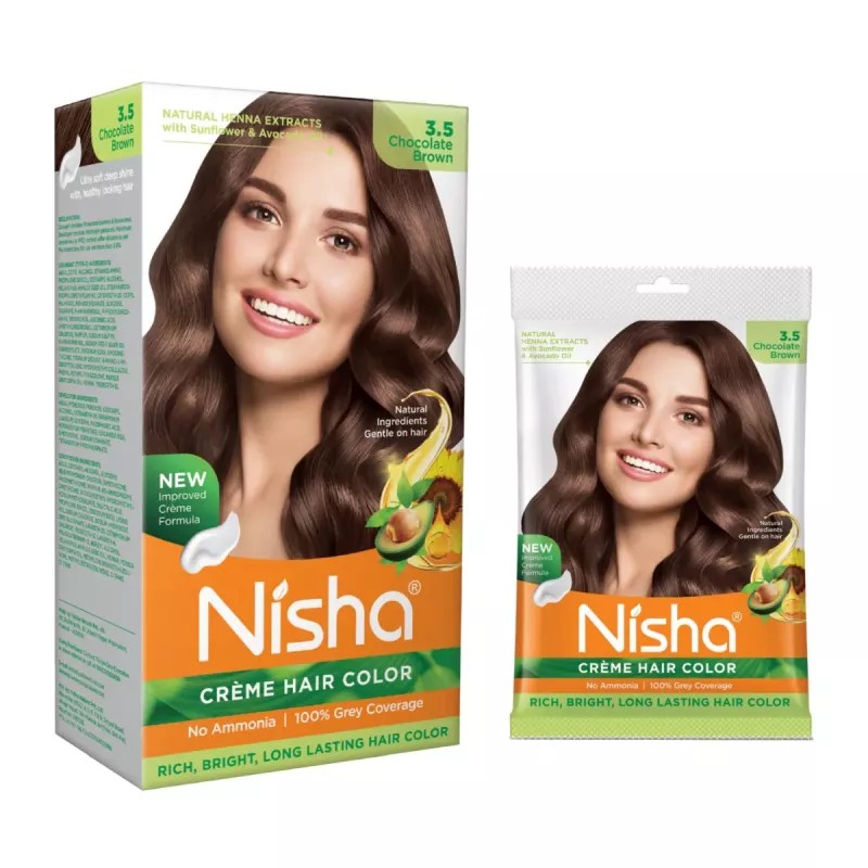 Nisha Creme Hair Color 3.5 Chocolate Brown Combo (Developer 60ml, Colorant Tube 60gm, Conditioner 6ml (Box) + 40gm Pouch) (1Pack)