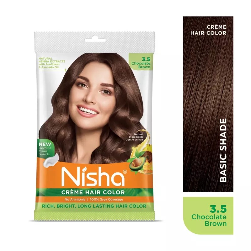 Nisha Creme Hair Color 3.5 Chocolate Brown Combo (Developer 60ml, Colorant Tube 60gm, Conditioner 6ml (Box) + 40gm Pouch) (1Pack)