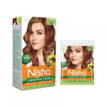 Nisha Creme Hair Color 4.3 Golden Brown Combo (Developer 60ml, Colorant Tube 60gm, Conditioner 6ml (Box) + 40gm Pouch) (1Pack)