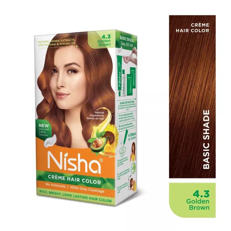 Nisha Creme Hair Color 4.3 Golden Brown Combo (Developer 60ml, Colorant Tube 60gm, Conditioner 6ml (Box) + 40gm Pouch) (1Pack)