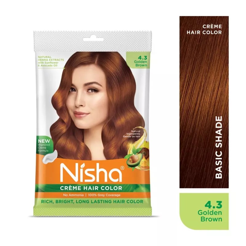 Nisha Creme Hair Color 4.3 Golden Brown Combo (Developer 60ml, Colorant Tube 60gm, Conditioner 6ml (Box) + 40gm Pouch) (1Pack)