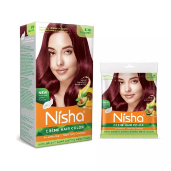 Nisha Creme Hair Color 3.16 Burgundy Combo (Developer 60ml, Colorant Tube 60gm, Conditioner 6ml (Box) + 40gm Pouch) (1Pack)