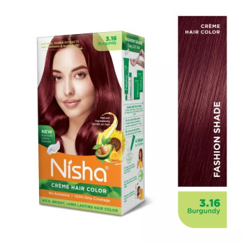 Nisha Creme Hair Color 3.16 Burgundy Combo (Developer 60ml, Colorant Tube 60gm, Conditioner 6ml (Box) + 40gm Pouch) (1Pack)