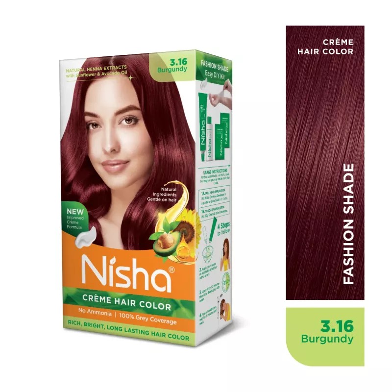 Nisha Creme Hair Color 3.16 Burgundy Combo (Developer 60ml, Colorant Tube 60gm, Conditioner 6ml (Box) + 40gm Pouch) (1Pack)