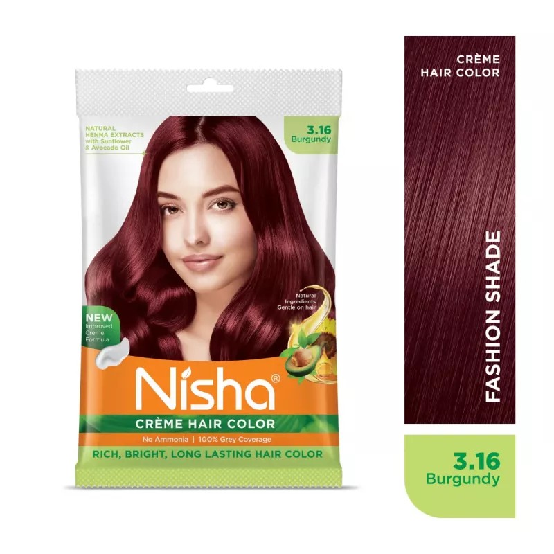 Nisha Creme Hair Color 3.16 Burgundy Combo (Developer 60ml, Colorant Tube 60gm, Conditioner 6ml (Box) + 40gm Pouch) (1Pack)