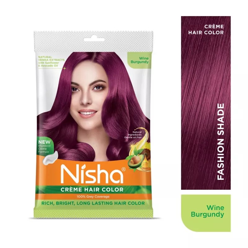 Nisha Creme Hair Color Wine Burgundy Combo (Developer 60ml, Colorant Tube 60gm, Conditioner 6ml (Box) + 40gm Pouch) (1Pack)