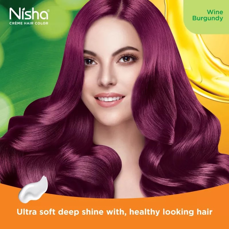 Nisha Creme Hair Color Wine Burgundy Combo (Developer 60ml, Colorant Tube 60gm, Conditioner 6ml (Box) + 40gm Pouch) (1Pack)