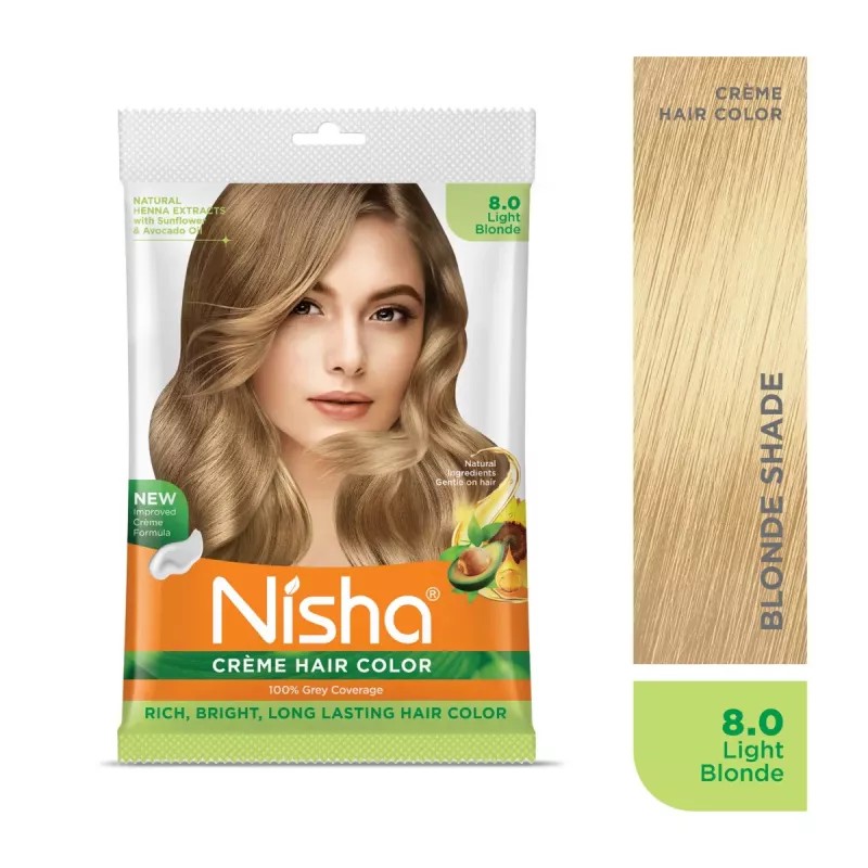 Nisha Creme Hair Color 8.0 Light Blonde Combo (Developer 90ml, Colorant Tube 60gm, Conditioner 6ml (Box) + 40gm Pouch) (1Pack)