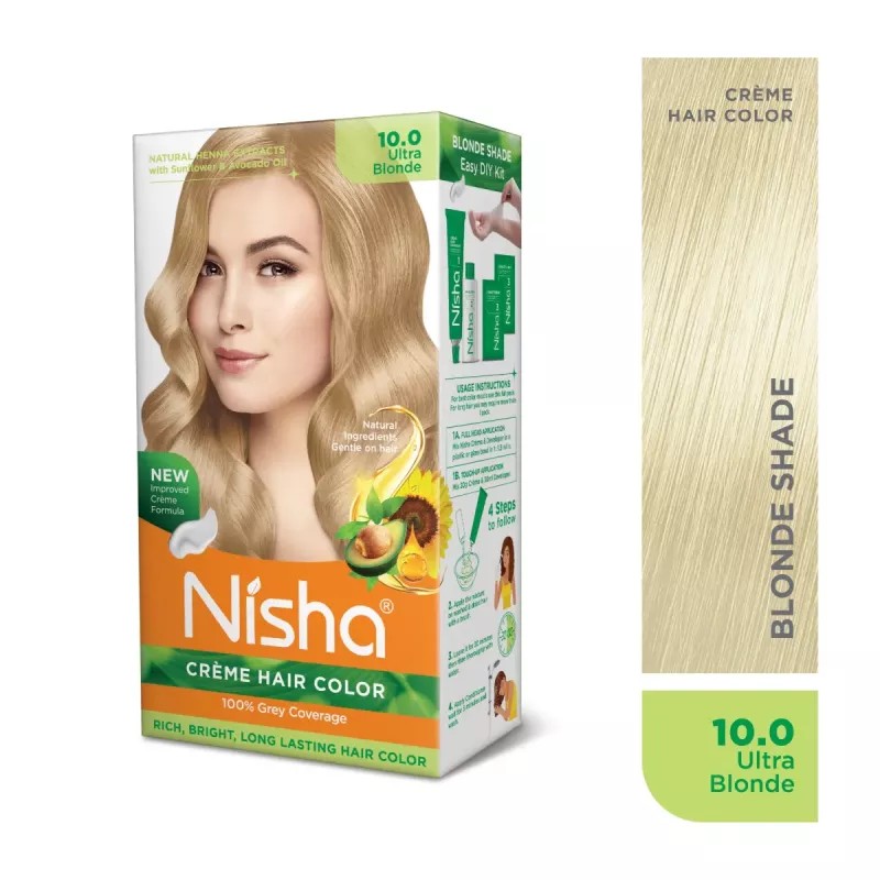 Nisha Creme Hair Color 10.0 Ultra Blonde Combo (Developer 90ml, Colorant Tube 60gm, Conditioner 6ml (Box) + 40gm Pouch) (1Pack)