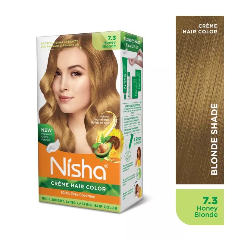 Nisha Creme Hair Color 7.3 Honey Blonde Combo (Developer 90ml, Colorant Tube 60gm, Conditioner 6ml (Box) + 40gm Pouch) (1Pack)