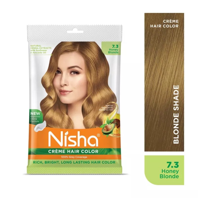 Nisha Creme Hair Color 7.3 Honey Blonde Combo (Developer 90ml, Colorant Tube 60gm, Conditioner 6ml (Box) + 40gm Pouch) (1Pack)