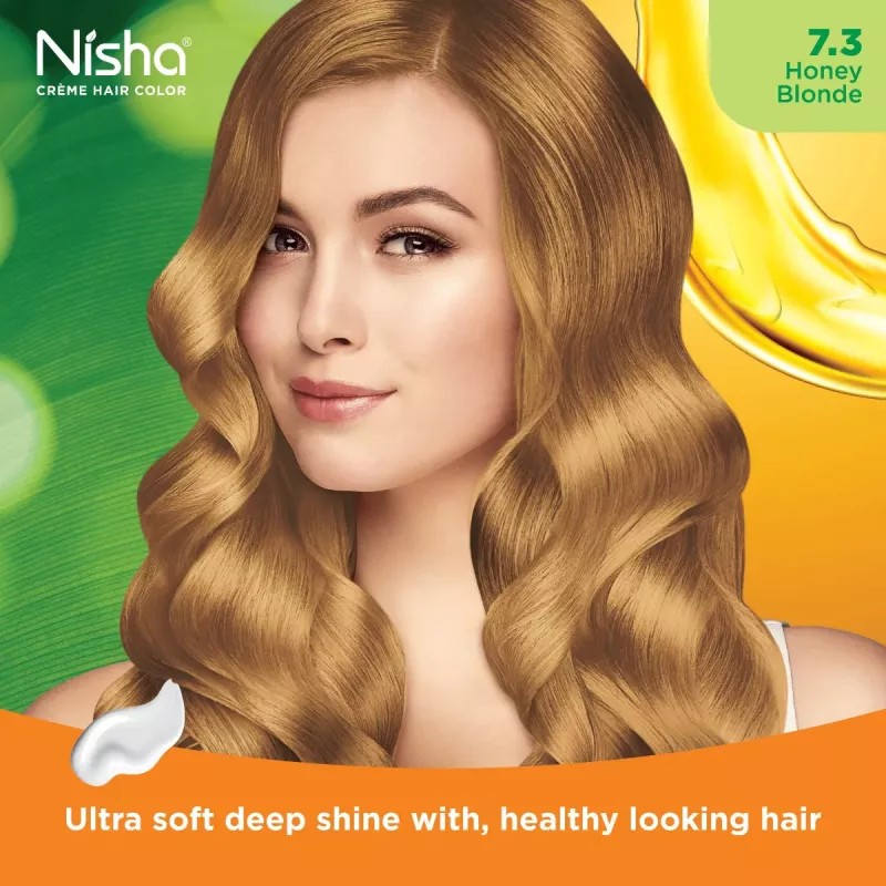 Nisha Creme Hair Color 7.3 Honey Blonde Combo (Developer 90ml, Colorant Tube 60gm, Conditioner 6ml (Box) + 40gm Pouch) (1Pack)