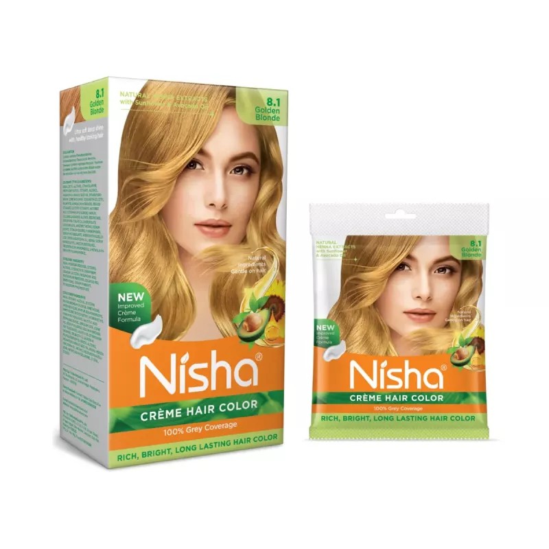 Nisha Creme Hair Color 8.1 Golden Blonde Combo (Developer 90ml, Colorant Tube 60gm, Conditioner 6ml (Box) + 40gm Pouch) (1Pack)