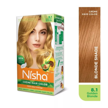 Nisha Creme Hair Color 8.1 Golden Blonde Combo (Developer 90ml, Colorant Tube 60gm, Conditioner 6ml (Box) + 40gm Pouch) (1Pack)