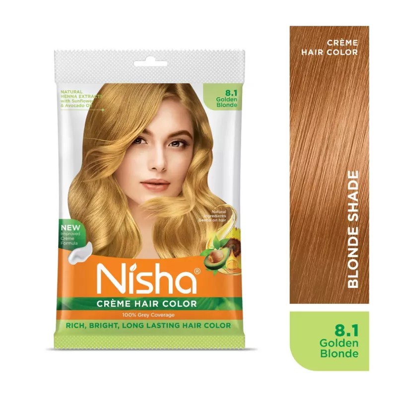 Nisha Creme Hair Color 8.1 Golden Blonde Combo (Developer 90ml, Colorant Tube 60gm, Conditioner 6ml (Box) + 40gm Pouch) (1Pack)