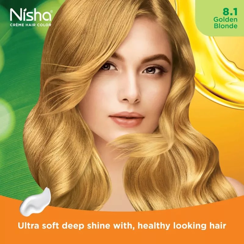 Nisha Creme Hair Color 8.1 Golden Blonde Combo (Developer 90ml, Colorant Tube 60gm, Conditioner 6ml (Box) + 40gm Pouch) (1Pack)