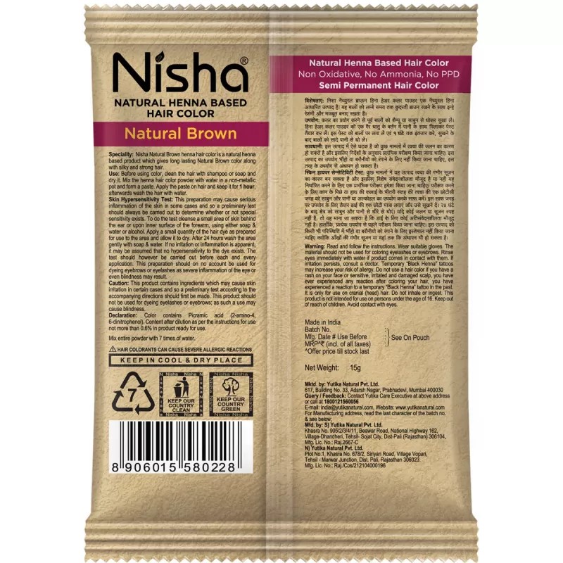 Nisha Henna Based Hair Color Natural Brown Powder (15g, Pack of 10)