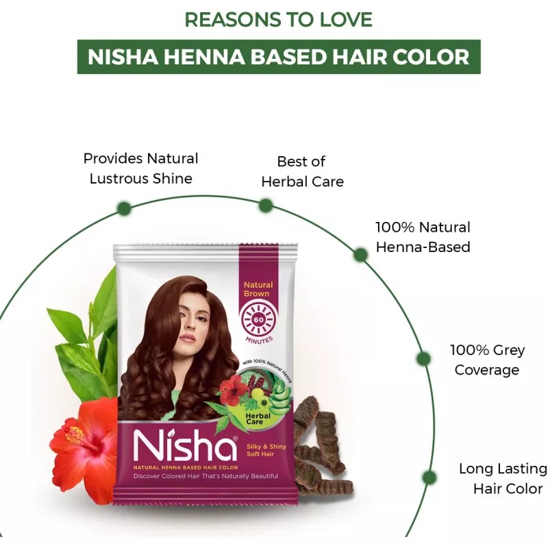 Nisha Henna Based Hair Color Natural Brown Powder (15g, Pack of 10)