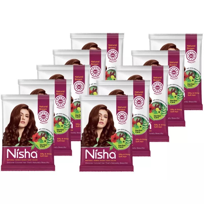 Nisha Henna Based Hair Color Natural Brown Powder (15g, Pack of 10)