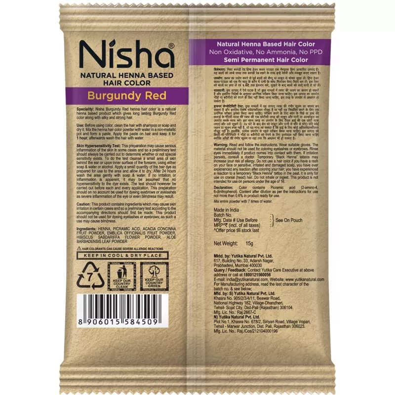 Nisha Henna Based Hair Color Burgundy Powder (15g, Pack of 10)