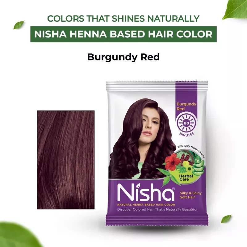 Nisha Henna Based Hair Color Burgundy Powder (15g, Pack of 10)