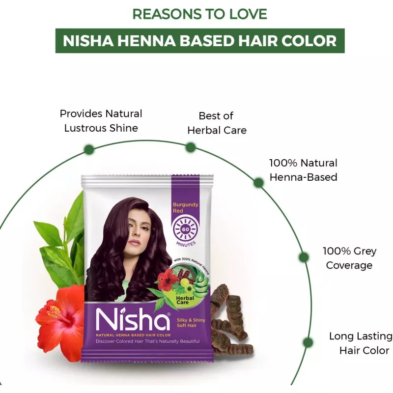 Nisha Henna Based Hair Color Burgundy Powder (15g, Pack of 10)